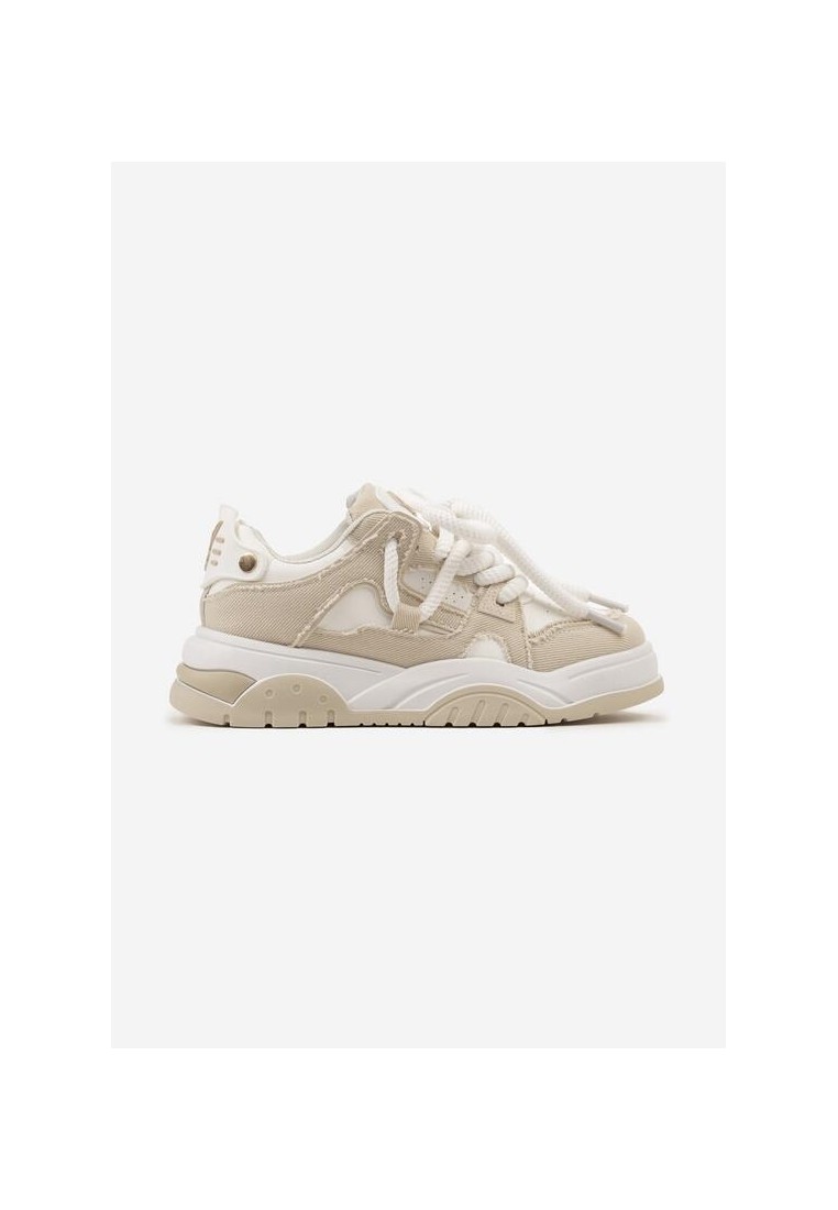 Beżowe Sneakersy z Ozdobnym Sznurowaniem na Grubej Podeszwie