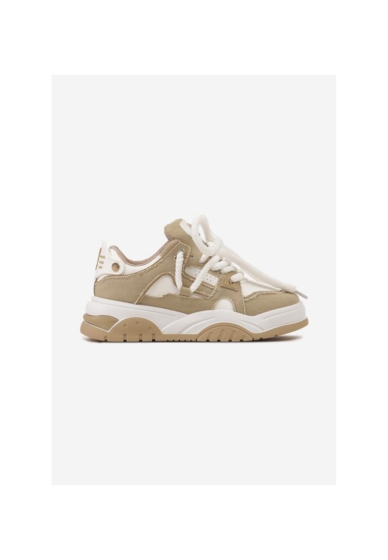 Ciemnobeżowe Sneakersy z Ozdobnym Sznurowaniem na Grubej Podeszwie
