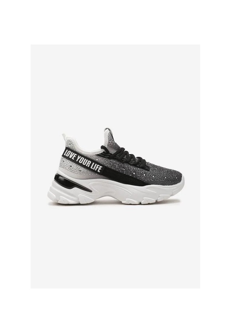 Czarne Wsuwane Sneakersy na Grubej Podeszwie z Tłoczeniem i Nadrukiem