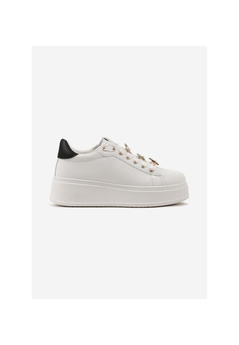Biało-Czarne Sznurowane Sneakersy do Kostki z Ekoskóry na Platformie z Aplikacjami
