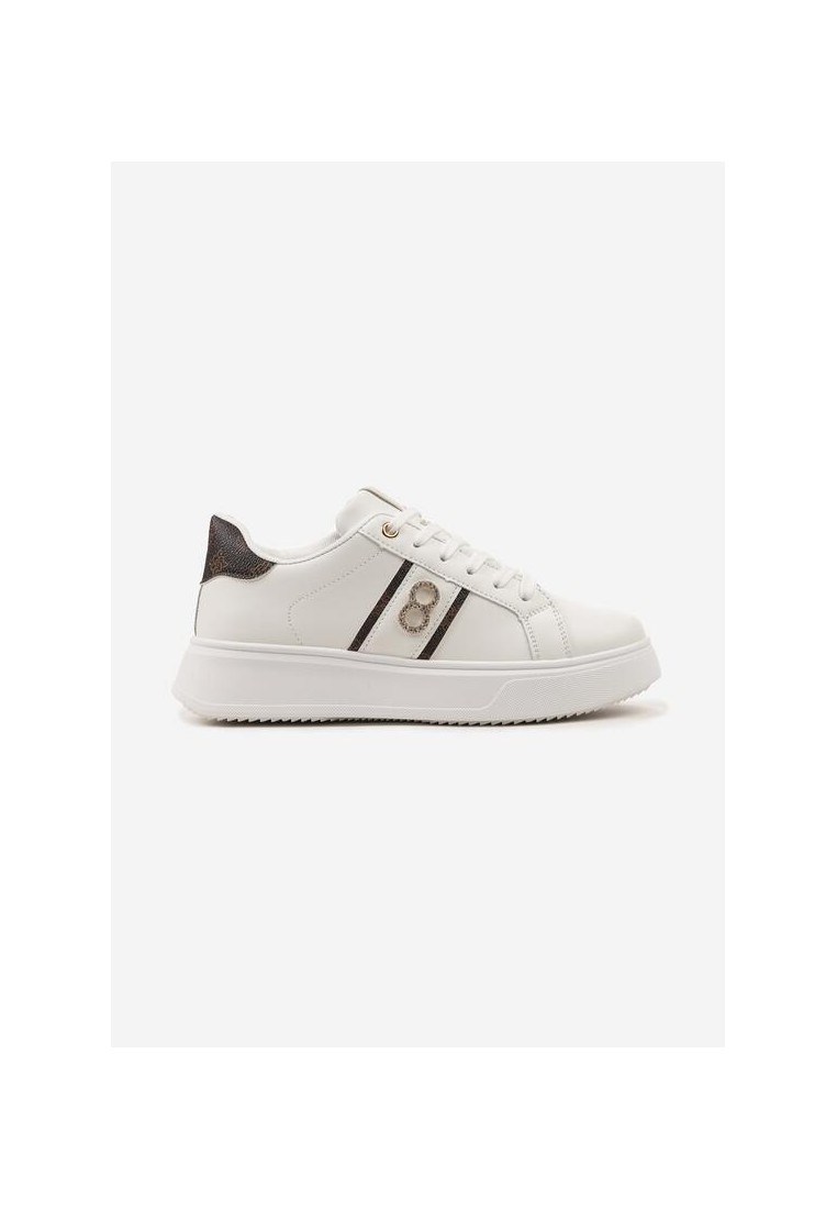Biało-Brązowe Sznurowane Sneakersy przed Kostkę na Grubej Podeszwie z Lamówkami i Aplikacją